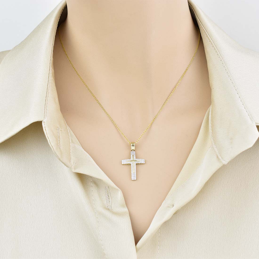 Χρυσός σταυρός Κ14 διπλής όψης